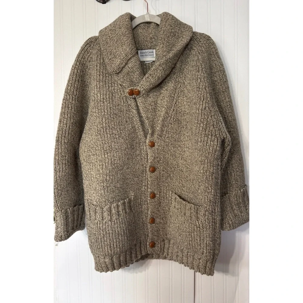 French Creek Sheep & Wool Co Virgin Wool Shawl Cardigan Oatmeal Mens Medium